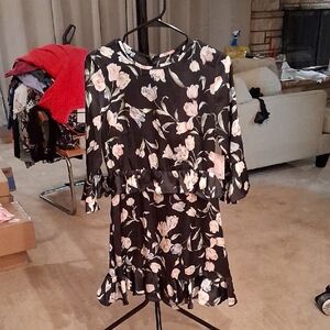 Avec Les Filles Floral Long Sleeve Dress - Black and White